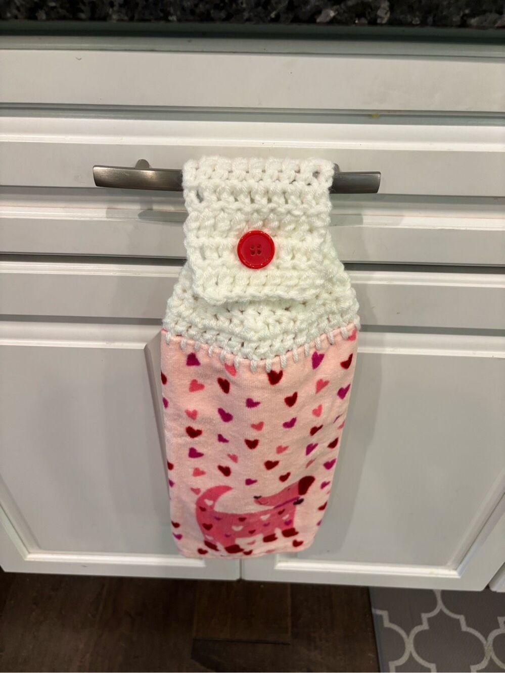 Crochet Top Kitchen Towel-Dog with hearts